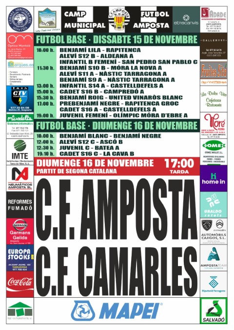 Jornada 9 SEGONA CATALANA GRUP 6. Diumenge 16 de novembre 17:00 hores: CF AMPOSTA - CF CAMARLES
